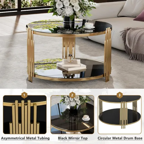 Vista 4 de Mesa de centro de vidrio templado de 31.5 pulgadas, moderna mesa de té dorada de 2 niveles con estante inferior, mesas centrales de lujo con marco