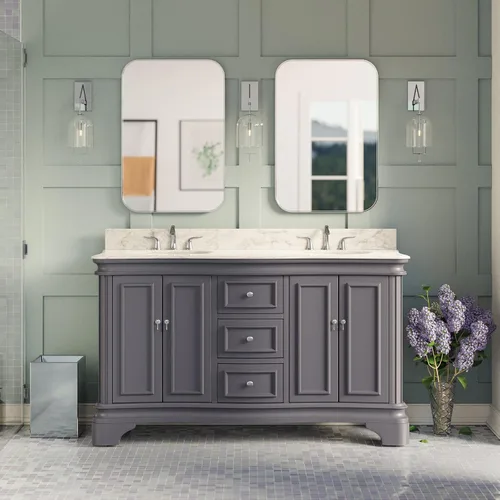 Vista 9 de Kitchen Bath Collection Katherine - Tocador de baño doble de 60 pulgadas (chocolate/carrara): incluye gabinete de chocolate con encimera de mármol