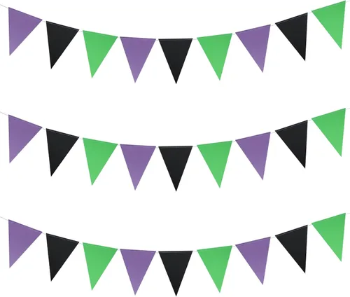 Vista 3 de Guzon Paquete de 3 banderines para decoración de fiesta de Halloween, banderines con purpurina, banderines de papel, banderas triangulares
