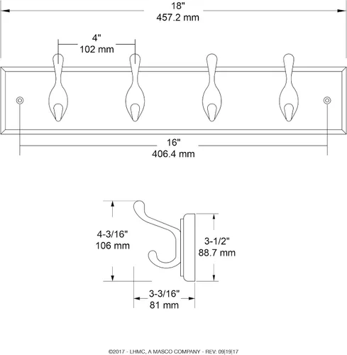 Vista 7 de Perchero Liberty de cuatro ganchos para sombreros y abrigos, 18 pulgadas, gran resistencia, 129847