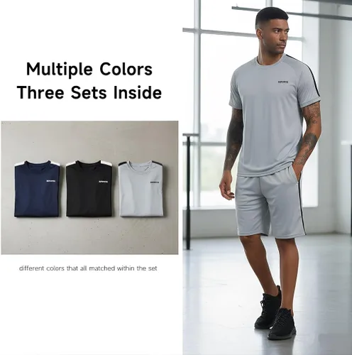 Vista 6 de RPOVIG Conjunto de entrenamiento de camisas, pantalones cortos paquete de 3 unidades de ropa para hombre, conjunto corto, gimnasio, atletismo