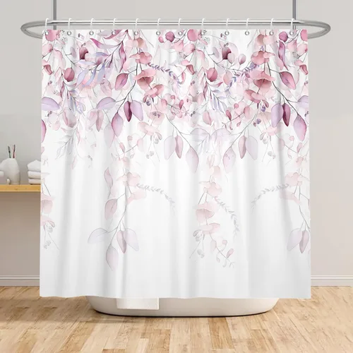 Vista 5 de Cortina de ducha con textura floral de acuarela rosa, cortina de ducha floral verde salvia para baño, bonita cortina de ducha moderna de tela