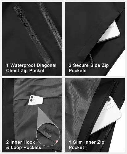 Vista 6 de Little Donkey Andy Chaqueta impermeable para hombre, ligera, cortavientos con capucha, impermeable, plegable, para senderismo al aire libre A1 Negro