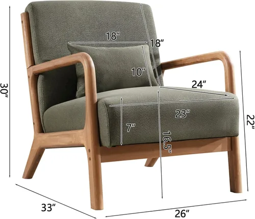 Vista 2 de INZOY Silla con acento moderno de mediados de siglo con marco de madera, sillas tapizadas para sala de estar con cojín lumbar, silla de lectura
