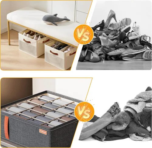 Vista 4 de Paquete de 2 organizadores de zapatos para armario con caja organizadora de calcetines, caja organizadora de zapatos plegable con divisores