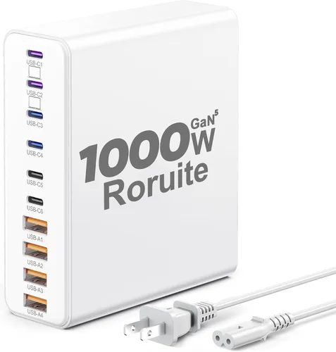 Vista 9 de Estación de carga USB C de 1000W, bloque de cargador USB C súper rápido de 120W PD GaN5 Type C for PC Laptop MacBook Pro/Air 10 Port Charger