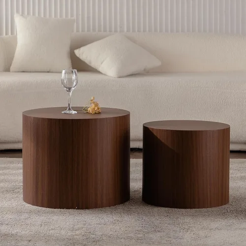 Vista 13 de Juego de 2 mesas redondas anidables, juego de mesa auxiliar de madera rústica, 2 piezas de madera de 18.11 pulgadas, juego de sala de estar circular