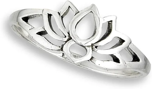 Vista 2 de Anillo vintage de filigrana con diseño de flor de loto de plata pavonada 0,925, tamaños de 3 al 9