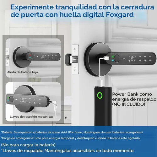 Vista 5 de Foxgard - Cerradura inteligente de huellas dactilares para puerta: Perilla de puerta biométrica de 5 en 1 con impresión digital - Perilla de puerta