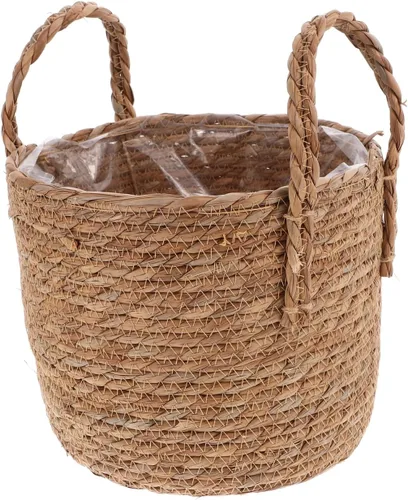 Vista 10 de Zerodeko Cesta de hierba marina, cesta de paja, cesta tejida, maceta de mimbre con forro de plástico para plantas de interior, lavandería, 6.3 in