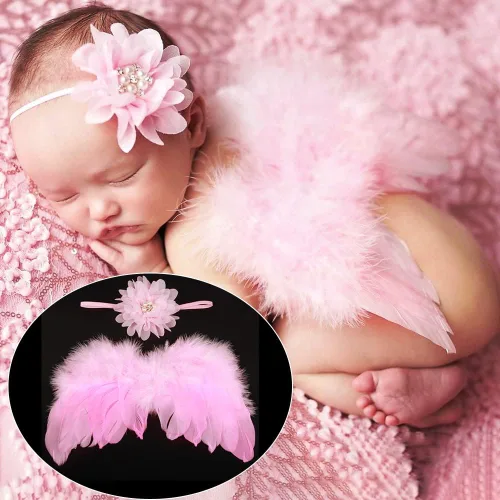 Vista 2 de Katutude Accesorios de fotografía para bebé recién nacido, alas de ángel de plumas rosadas, conjunto de diadema de flores, accesorios de fotos