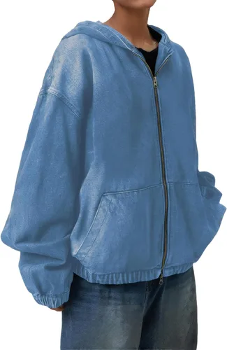 Vista 3 de Sudadera con capucha de mezclilla con cremallera para mujer, abrigos con bolsillos