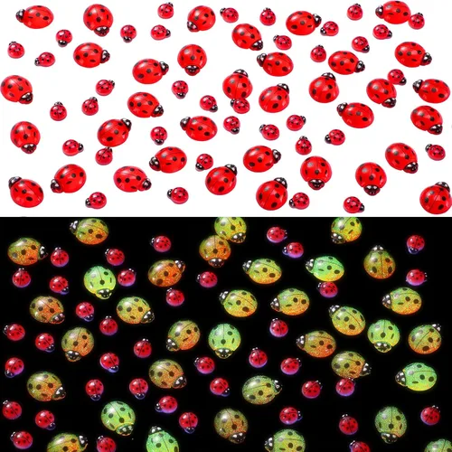 Vista 8 de Hicarer 100 piezas de decoración de mariquita para manualidades, mini resina de mariquita plana, colgantes de epoxi, pequeños adornos con caja