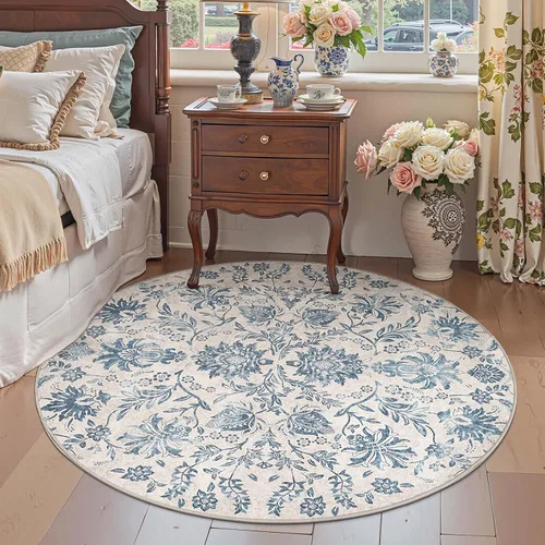 Vista 256 de jinchan Lima - Alfombra simétrica floral geométrica lavable, alfombra de entrada de medio círculo de 2 x 3, alfombra de media luna, suave y Azul