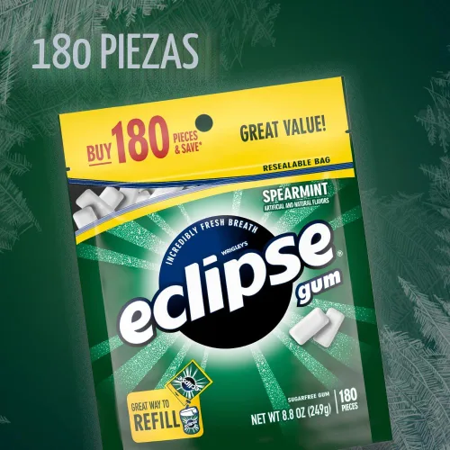 Vista 3 de ECLIPSE Chicle de menta verde sin azúcar, paquete a granel de chicle de menta, 8.8 onzas (bolsa de 180 piezas)