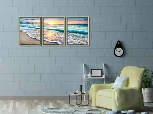 Vista 5 de Wieco Art Lienzo enmarcado para pared, 3 paneles de playa azul para decoración del hogar, puesta de sol, olas de playa, imágenes sobre lienzo
