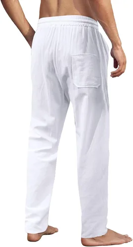 Vista 4 de MorwenVeo Pantalones de lino para hombre, pantalones largos casuales, holgados, ligeros, con cordón, para yoga, playa, pantalones casuales - 6