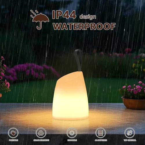 Vista 4 de uuffoo Lámpara LED portátil resistente al agua, linterna de camping LED con asa, lámpara a pilas con modos multicolor y blanco cálido, lámpara