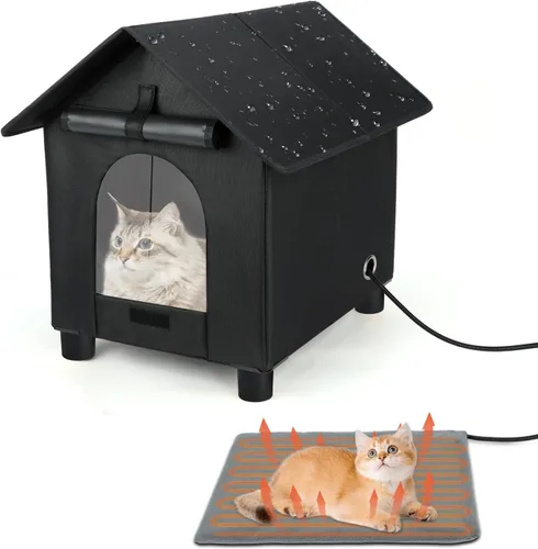 Vista 10 de Casas térmicas para gatos en invierno, impermeables, casa para gatos con calefacción elevada, aislada, exterior, refugio con puerta de escape
