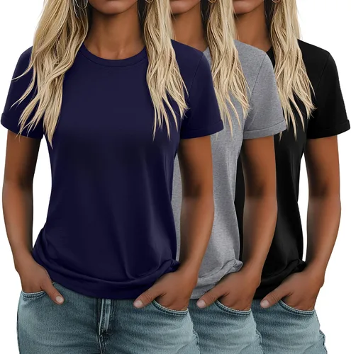 Vista 15 de Huukeay Paquete de 3 camisetas de algodón para mujer, estilo casual, de manga corta, cuello redondo, ajuste holgado, básica, lisa