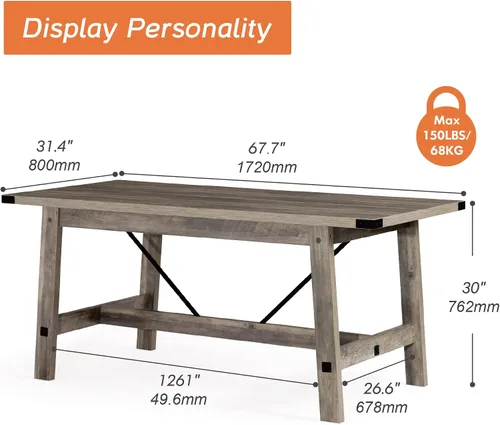 Vista 2 de WAMPAT Mesa de comedor de granja de 67.7 pulgadas para 4-6 personas, mesa de cocina rectangular moderna de madera con patas de madera resistentes