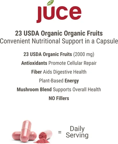 Vista 6 de Terra Kai Organics Juce Formula, Superfruta orgánica - Sin gluten/gelatina, sin soja y vegana- Cápsulas de superalimentos Rojos- 23 frutas