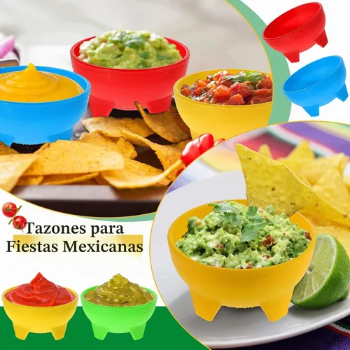 Vista 3 de meekoo Cuencos de salsa mexicanos multicolor de 4.5 pulgadas de diámetro, vajilla mexicana de plástico para tacos, dulces, chips, aperitivos