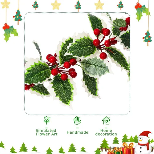 Vista 4 de 4 Piezas Guirnalda Verde de Navidad 69 pulgadas Guirnalda Artificial de Enredadera de Bayas Rojas de Navidad Hojas de Acebo de Invierno