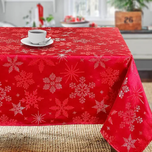 Vista 6 de Camino de mesa tejido jacquard metálico con copos de nieve azul navideño (corredor de 14" x 72")