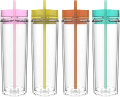 Vista 9 de Maars - Vaso térmico de acrílico delgado transparente con tapa y pajilla 16 onzas de plástico acrílico premium, de doble pared, aislante