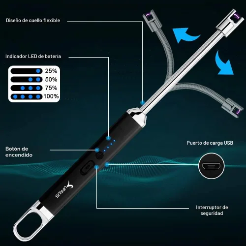 Vista 2 de SUPRUS Encendedor USB recargable de arco eléctrico con interruptor de seguridad, cuello flexible de 360°, parrilla sin llama, encendedores largos