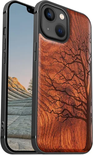 Vista 10 de Carveit Funda magnética de madera para iPhone 13 [madera real dura y TPU suave] Funda protectora híbrida de madera única y elegante a prueba