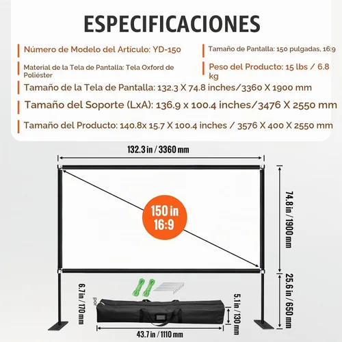 Vista 7 de VEVOR Pantalla de cine para exteriores con soporte, pantalla de película portátil de 150 pulgadas, pantalla de proyector de gran angular HD 16:9