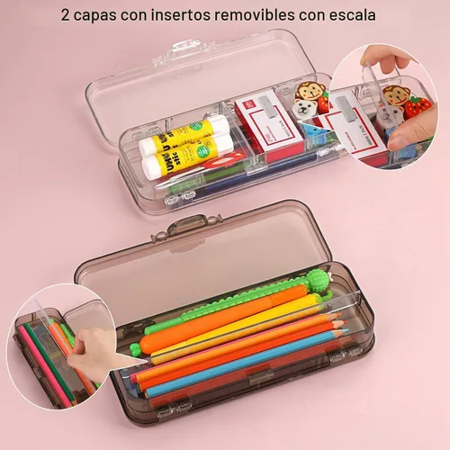 Vista 7 de BTSKY Caja de lápices de doble cubierta, caja de plástico transparente con 4 reglas extraíbles, espaciadores divisores, cajas de utilidad