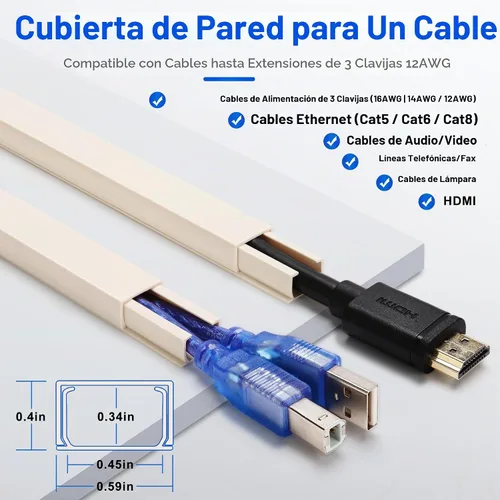 Vista 2 de Ocultacables de Pared para Un Cable, Cubiertas de Cable de Pared de 136 pulgadas, Kit de Cubierta de Cable de Instalación Fácil, Canaleta de Cables