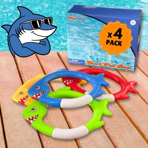 Vista 4 de Haktoys Anillos de buceo de tiburón, juguetes de buceo para niños, juguetes de entrenamiento de natación para niños y niñas, juegos de piscina