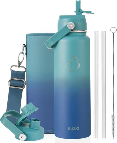 Vista 24 de BUZIO Botella de agua aislada de 24 oz, frasco de agua de boca ancha de acero inoxidable con tapa de pajita, frío durante 48 horas a prueba de Negro