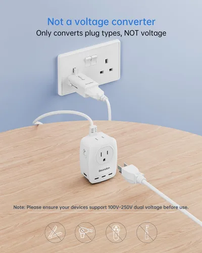 Vista 8 de BEONDON Adaptador de enchufe de viaje europeo, regleta de alimentación de 3 pies con 5 puertos USB (3 USB-C) y 2 puertos de CA, enchufes JP UK EU AU