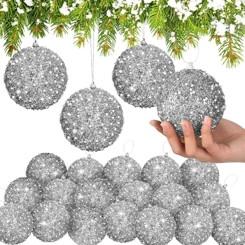 Vista 15 de Lyrow 24 piezas 3.15" Juego de adornos de bola de Navidad con purpurina, bola de espuma con lentejuelas colgante, decorativa, en masa, para árbol