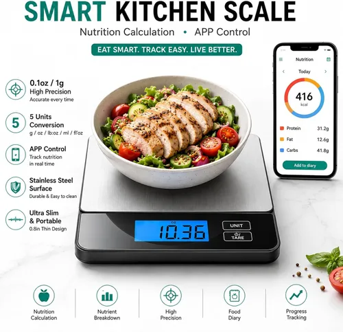 Vista 2 de URAMAZ Básculas inteligentes para alimentos de cocina, báscula digital de alimentos de acero inoxidable en gramos y onzas con aplicación de Multi