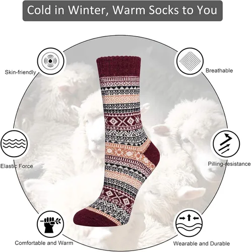 Vista 3 de 5 Pack Womens Wool Socks Winter Warm Socks Thick Knit Cabin Cozy Crew Soft Socks Gifts for Women