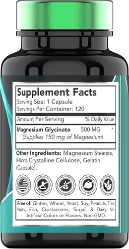 Vista 2 de Glicinato de magnesio 500 mg por cápsula – 120 unidades Suministro de 4 meses Suplemento de magnesio quelado puro para dormir, calma, nervios