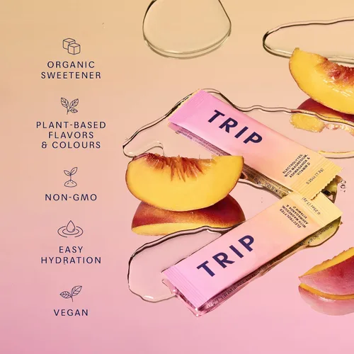 Vista 3 de TRIP Paquetes de electrolitos en polvo con magnesio, Ashwagandha y vitamina D. Paquetes de hidratación diaria Peach Yuzu, vegano, mezcla de bebidas