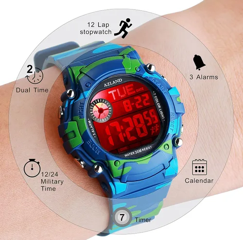Vista 4 de AZLAND Reloj de pulsera para niños y niñas, con 3 múltiples alarmas, Digital