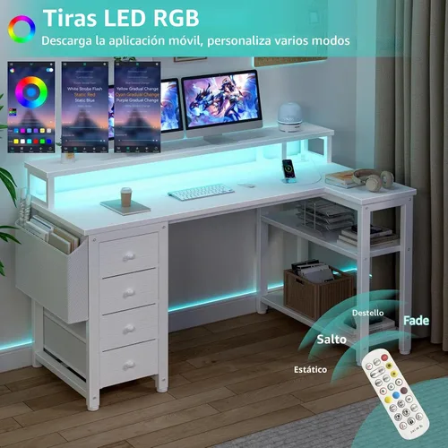 Vista 4 de Lufeiya Escritorio en forma de L con luces LED y tomas de corriente, escritorio de 47 pulgadas para computadora de estudio, escritorio