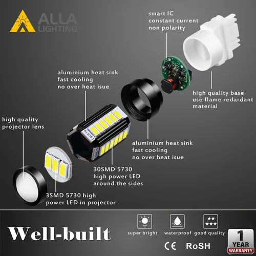 Vista 2 de Alla Lighting Bombillas LED T25 3156 3157 de 2800lm, Blanco Reversa/Señal/Freno/Cola Luces DRL 4114 3056 4057 4157 3457K 3057 6000K Xenon Xtreme