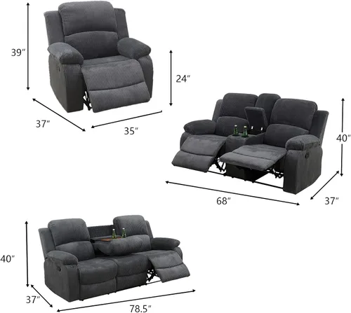 Vista 2 de Juego de sala de Estar reclinable de 3 piezas, juego de sofá reclinable Manual para conjunto de muebles de sala de Estar, con consola de Gris oscuro