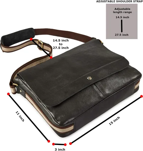 Vista 2 de Bolso de cuero real para computadora portátil, para hombres y mujeres, estilo vintage, estilo mensajero, bolso de hombro hasta 16 pulgadas
