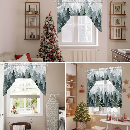 Vista 7 de Cortinas de cocina, cenefa con festón de Navidad, con bolsillo para barra, paneles de cortina para dormitorio, sala de estar, baño, cafetería
