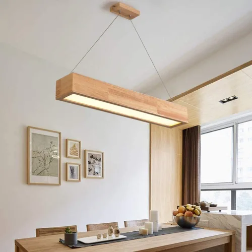 Vista 2 de Lámpara de techo rectangular minimalista de madera maciza de 16 W, lámpara colgante regulable de 23.6 in de largo para restaurante, comedor, isla